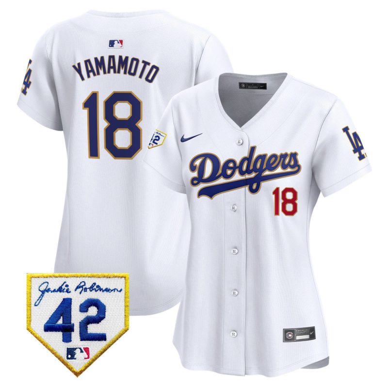 yoshinobu yamamoto 18 los angeles dodgers 2024 jackie robinson patch women jersey white