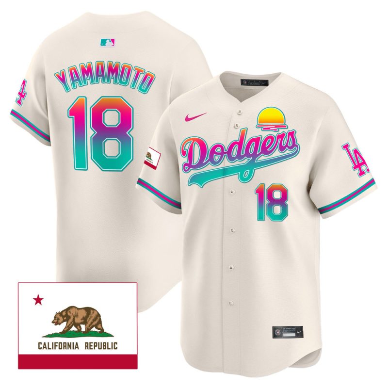 yoshinobu yamamoto 18 los angeles dodgers 2024 los angeles city style california republic patch men jersey cream