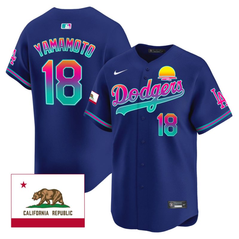 yoshinobu yamamoto 18 los angeles dodgers 2024 los angeles city style california republic patch men jersey royal