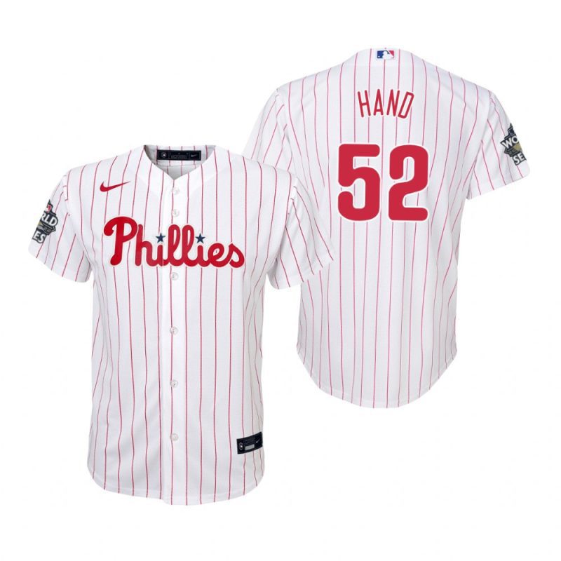 youth philadelphia phillies brad hand 52 white 2022 world series jersey